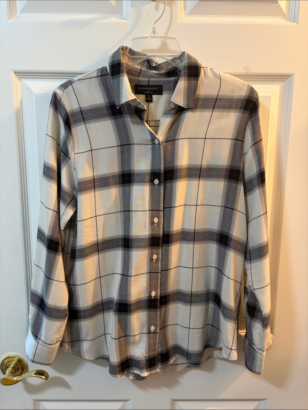 Banana Republic Women’s Cream and Gray Plaid Button-Down Shirt